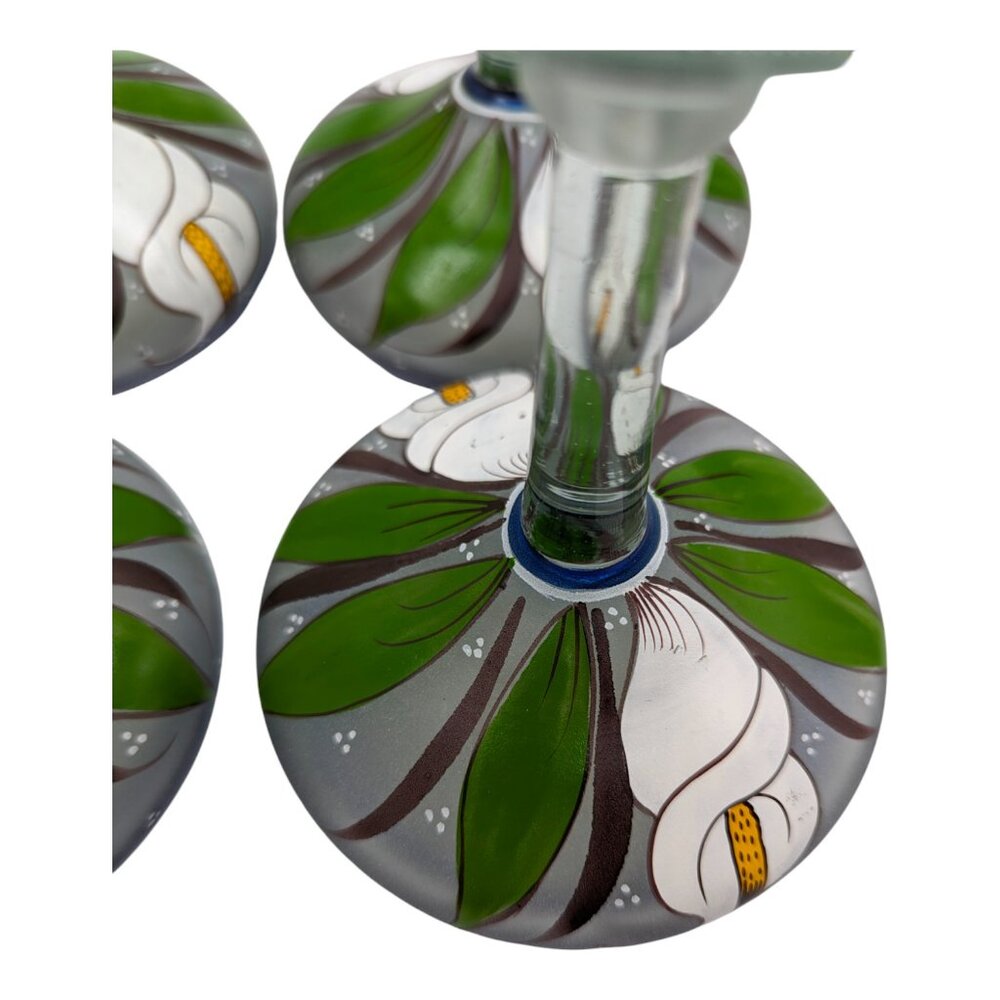 Set of 4 Hand Painted Mexican Blue Rim Margarita Glass White Calla Lilies Lily - Picture 6 of 16